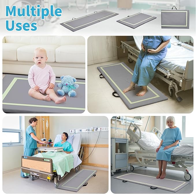 Winado Fall Mat for Elderly, 72" x 23" Bi-Fold Floor Mat Bedside Anti-Slip Protection Standing Safety Mats Reduce Risk for Elderly, Patients, Home or Hospital Care, Grey