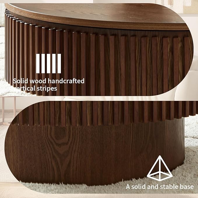 LKTART Round Coffee Table for Living Room, Accent Fluted Drum Coffee Table with Storage, Modern Solid Wood Veneered Circle Center Tea Table for Small Space Apartment (31.5''D×14''H-Walnut)