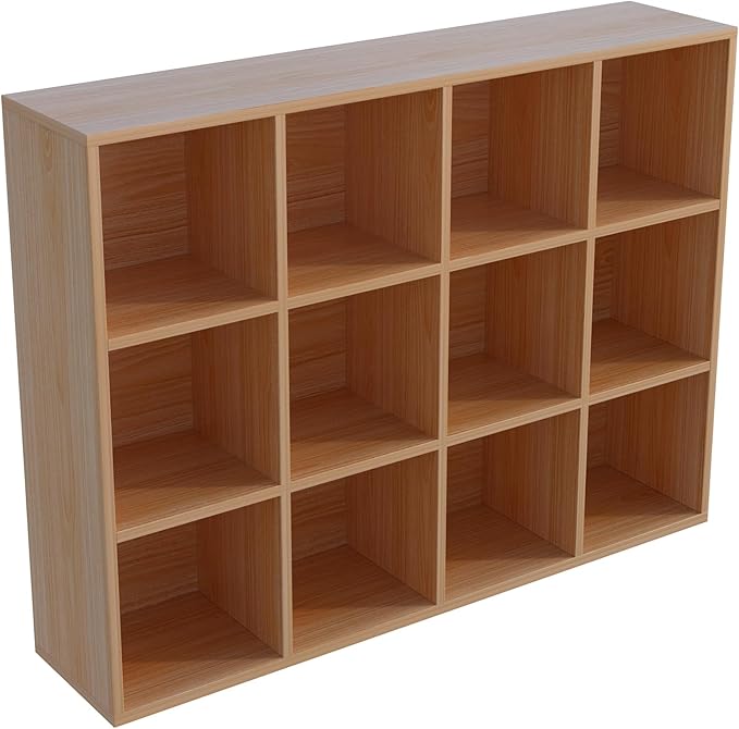 OSCHF 12-Cube Storage Shelf Bookcase - Wooden 3-Tier Floor Standing Open Bookshelf for Home and Office, Display Cabinet, Oak