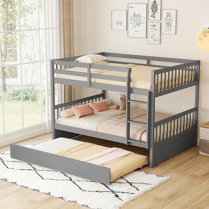 KOMFOTT Wood Full Over Full Bunk Bed with Trundle, Wooden Bed Frame with Ladder, Solid Wood Frame & Safety Guardrails, Space-Saving Bunk Bed for Teens & Adults, No Box Spring Needed