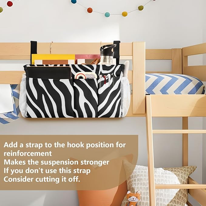 Bedside Caddy Hanging Bunk Bed Caddy Bed Organizer Hanging Pocket with 2 Hooks Bedside Storage Organizer Pocket Bag Holder White Black Zebra Print