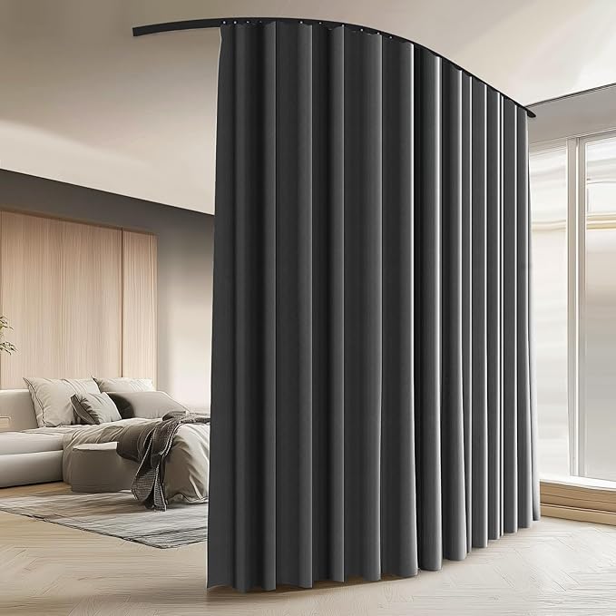 Room Divider Curtains with Ceiling Curtain Track Set Window Curtain for Bedroom,Living Room Total Blackout Thermal Insulated Privacy Ceiling Track Curtain W 6 × H 8 FT Deak-Grey drape&Black track