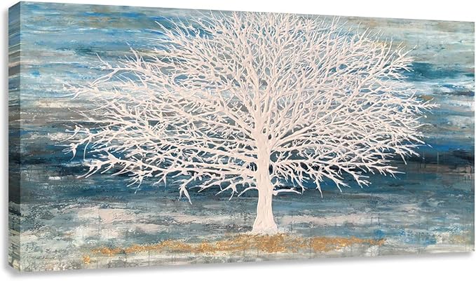 White Tree Canvas Wall Art Large Teal Blue Decor Textured Painting Print with Gold Foil Framed Artwork for Living Room Bedroom(24W*48L