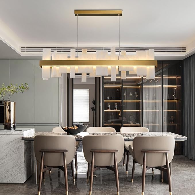 Alabaster Rectangle Chandelier, Natural Spanish Stone Texture Chandeliers, 46.8" Adjustable Alabaster Chandelier Over Table for Dining Room, Bedroom, Island– Modern Luxury Ceiling Lighting