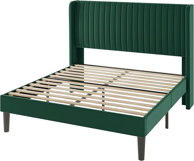 Allewie Full Size Bed Frame/Velvet Upholstered Platform Bed/Vertical Channel Tufted Wingback Headboard/Strong Wooden Slats/No Box Spring Needed/Easy Assembly/Green