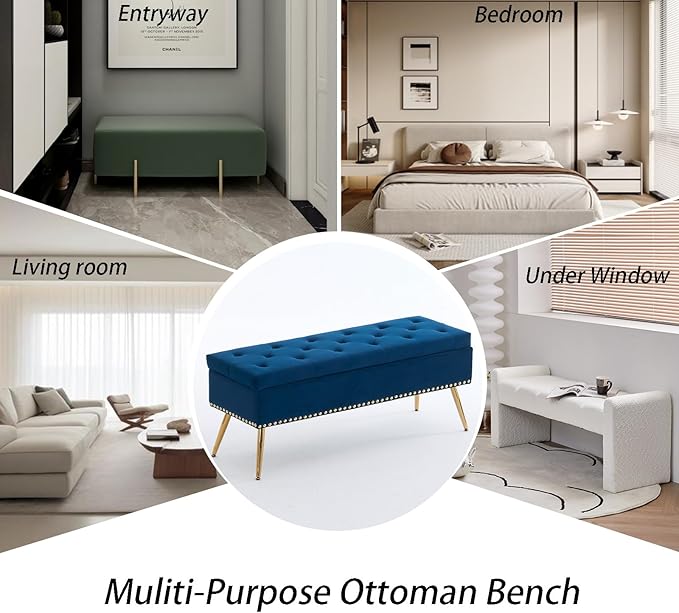 Velvet Storage Bench with Gold Legs& Nailhead Trim, 46" Wide Upholstered Modern Bedroom Bench for End of Bed, Tufted Ottoman for Entryway Living Room Dining Room (Navy Blue, 46" Wide)