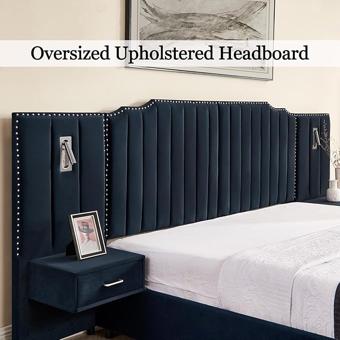 King Size Bed Frame with Storage, Luxury King Platform Bed Frame with Headboard, Velvet Fabric Upholstered Bedframe with LED Lights, Solid Frame & Bedside Table,No Box Spring Needed,Dark Blue