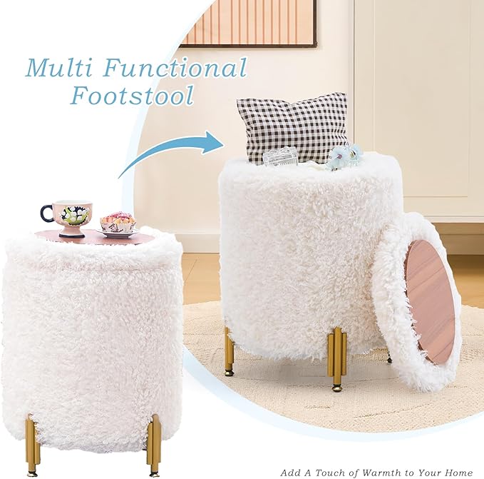 Mxfurhawa Round Ottoman Foot Stool with Storage and Metal Legs for Living Room Bedroom, Velvet Upholstered Footrest Stool Support 300lbs Modern Padded Seat Ottoman Coffee Table (White-Long Wool)