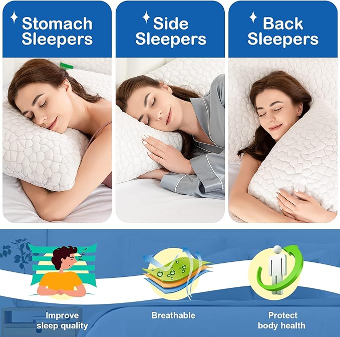Cooling Bed Pillows for Sleeping 2 Pack Shredded Memory Foam Pillows Standard Size Set of 2, Adjustable Cool Pillow for Side Back Stomach Sleepers Luxury Gel Pillows with Washable Removable Cover