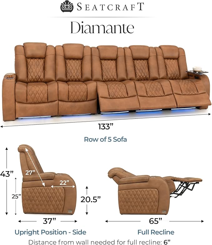 Seatcraft Diamante Zero-Gravity CoolZero Italian Leather Home Theater Seating, Power Headrest, Power Recline, Row of 5 Sofa, Tawny