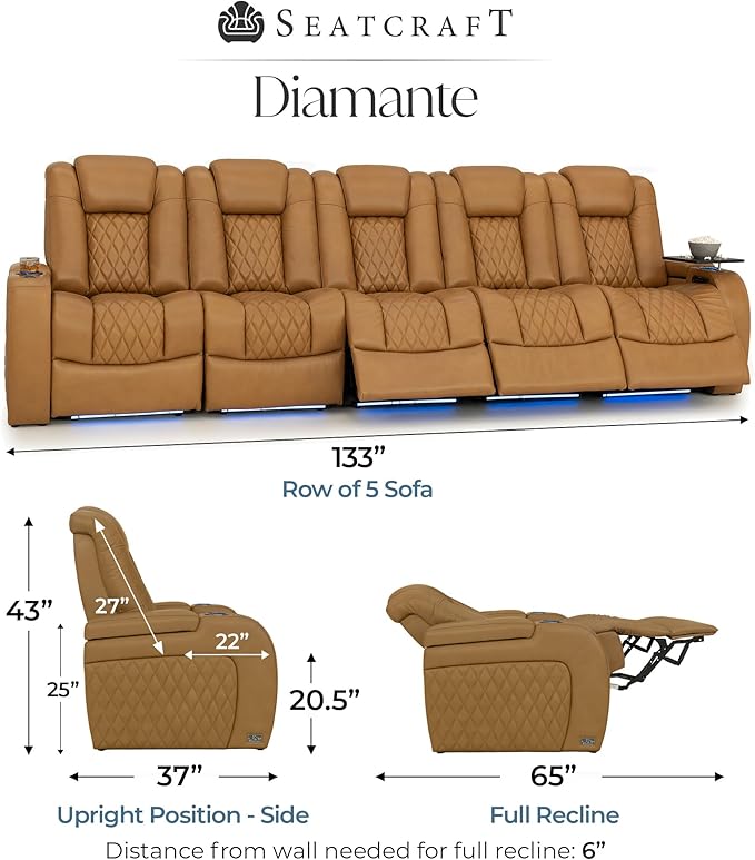Seatcraft Diamante Zero-Gravity CoolZero Italian Leather Home Theater Seating, Power Headrest, Power Recline, Row of 5 Sofa, Tan Oak
