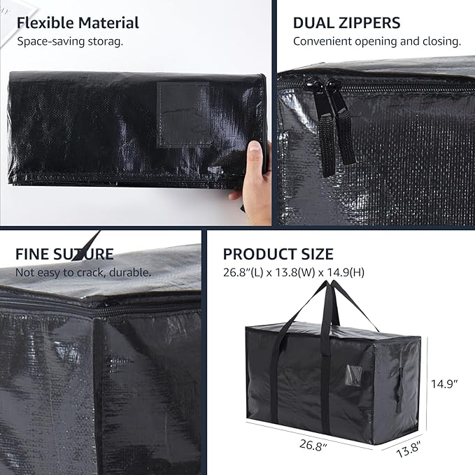 Moving Bags Heavy Duty Extra Large, Moving Boxes, Moving Supplies Essentials, Blue Storage Bins with Lids, Plastic Packing Totes, Storage Bags for Clothes with Handles & Zippers Black, 4 Pack