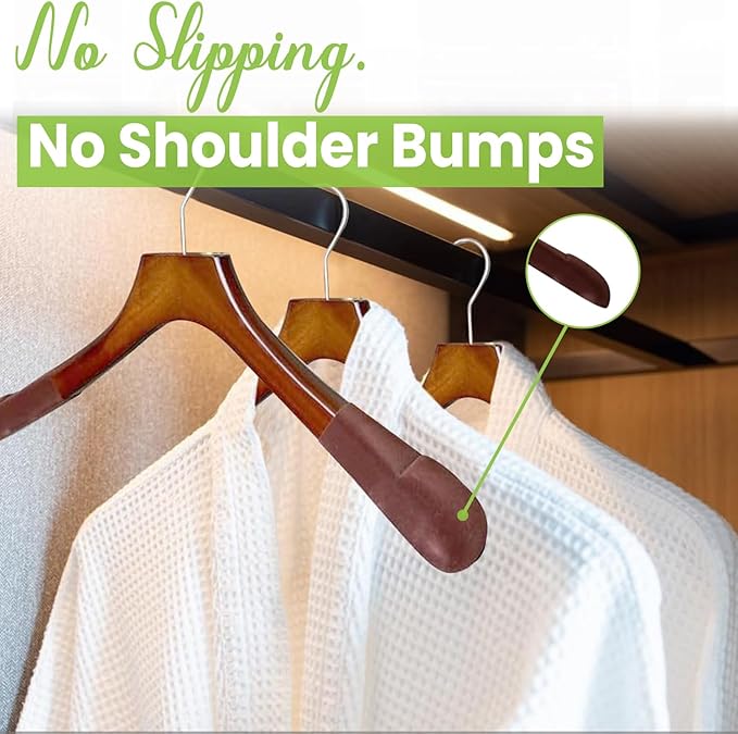 Premium Luxe Wooden Hangers for Women, Wide Shoulder Design for Dresses, Skirts, Sweaters & Blouses, Heavy Duty with Velvet Grip, High Gloss Brown with Brown Velvet, 6 pcs