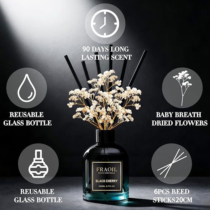 Black Cherry Reed Diffuser, Reed Diffuser Set 6.7 fl oz (200 ml) with 6 Reed Sticks, Home Fragrance Reed Diffuser for Bathroom Shelf House Bedroom Office Decor