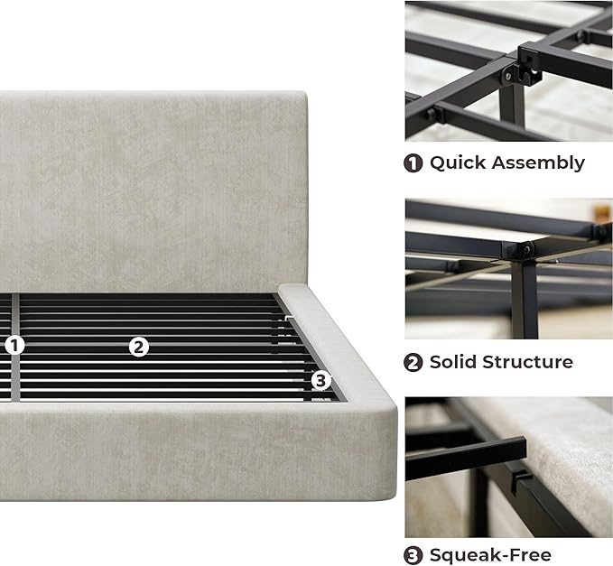 RECCI Cloud Full Size Bed Frame with Ergonomic Angled Foam Cushioned Headboard, Minimalist Design Platform Bed Frame, No Box Spring Needed, Easy Assembly (Beige)