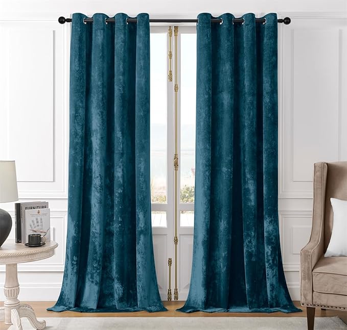 SMILETIME Tranquil Blue Crushed Velvet Curtains 52x108 inch Luxurious Thermal Insulated Soundproof Drapes for Living Room Bedroom Office Soft and Durable Light-Filtering Window Treatments, 2 Panels