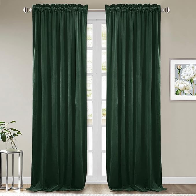 StangH Dark Green Velvet Curtains for Bedroom, 90 inches Rod Pocket Heavy Thick Blackout Window Panels Christmas Holiday Home Decoration for Dining Room, W52 x L90, 2 Panels