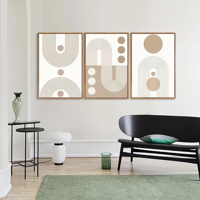 YeeHomedec Boho Beige Neutral Framed Canvas Wall Art, Mid Century Modern Wall Decor, Bohemian Abstract Minimalist Artwork, Geometric Line Circle Art Painting for Living Room Bedroom Office 16"x24"x3