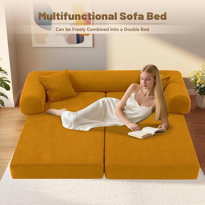 Convertible Futon Sofa Bed,80" Folding Pull Out Couch Bed with Storage,Queen Sleeper Sofa Bed,Compressed Couch in a Box,Corduroy Boneless Couches for Living Room,Yellow