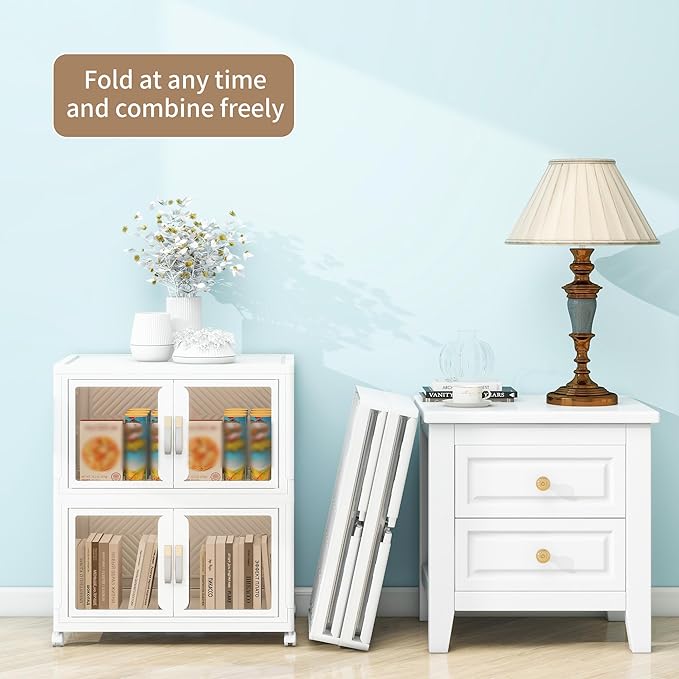 Large Clear Stackable Storage Bins with Lids, 90QT-45QT*2Tier Foldable Cabinet for Closet Organizers, Plastic Storage Box with Wheels White