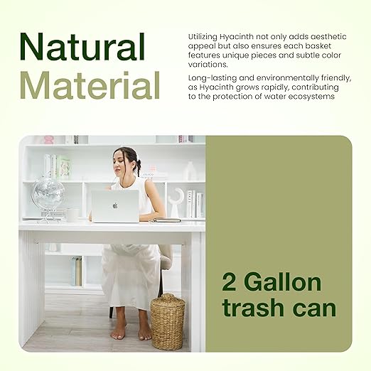 2 Gallons Wicker Waste Basket - Water Hyacinth Bathroom Garbage Can with a Lid - Bathroom Trash Can Boho Style - Wicker Trash Can with Lid for Household, Kitchen - Removable Liner, Iron Frame