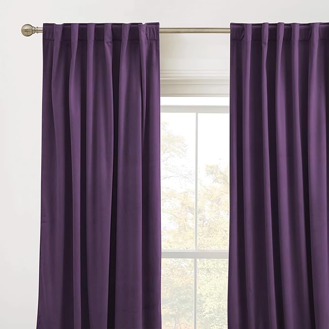 RYB HOME Purple Velvet Curtains 96 inches Length, Back Tab & Rod Pocket Soft Fabric Blackout Thermal Insulated Curtains & Drapes for Bedroom Dining Room, Purple, W 52 x L 96, 2 Panels Set