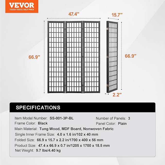 VEVOR Room Divider, 3 Panel Japanese Room Divider, Wood Folding Privacy Screen Indoor, Japanese Partition Dividers Portable Decoration Screens, for Room Separation Home Office Restaurant & Bedroom