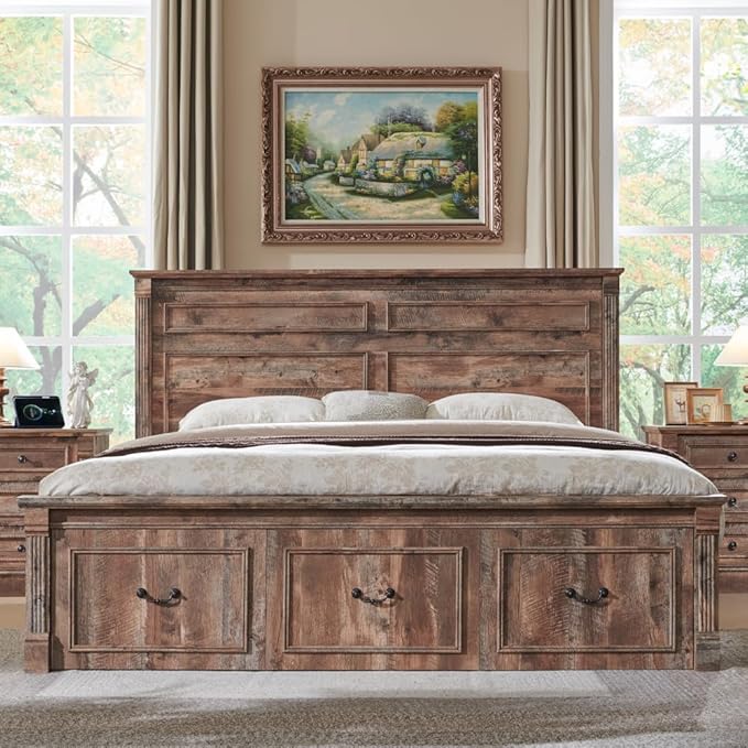 Farmhouse King Size Bed Frame with 51" Tall Headboard, Wood Platform Bed Frame with 20" Tall Roman Column Decoration Footboard & 3 Large Storage Drawers, No Box Spring Needed (Light Brown)