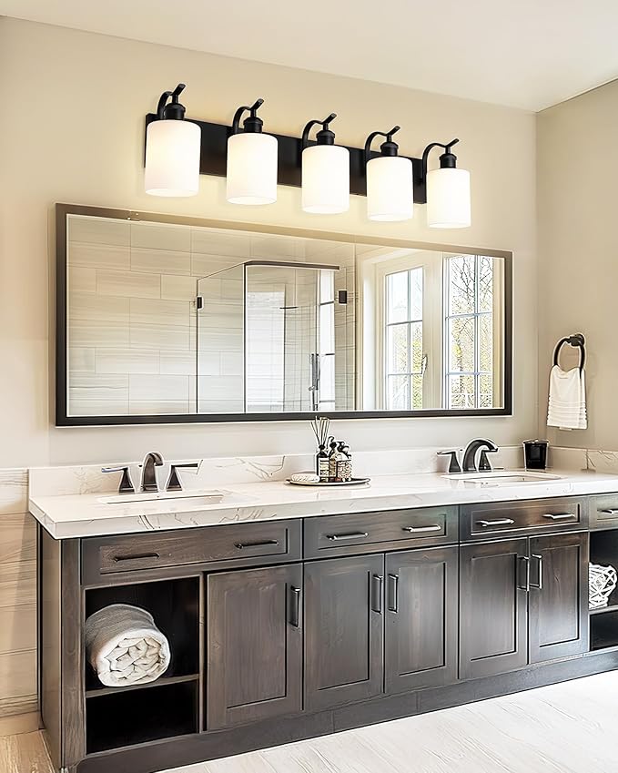 5 Light Bathroom Vanity Light, Morden Black Vanity Light Bathroom Lighting Fixtures Over Mirror Black Wall Sconces with Milky White Frosted Shade ZCVL01BKW-5