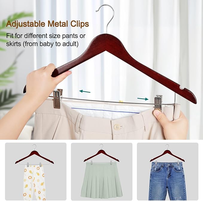 TOPIA HANGER Wooden Suit Hangers with Adjustable Metal Clips (20 Pack), Solid Wood Clothes Hangers, 360° Swivel Hook, Premium Retro Finish Pants Hangers for Clothes Coat, Jeans, Blouse- Cherry CT28M20
