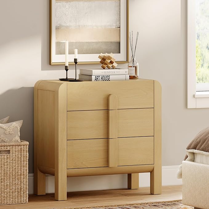 WAMPAT 3 Drawer Dresser for Bedroom,31.5" Wide Mid Century Modern Wide Chest of Drawer, Wood Tall Nightstand with Curved Edge Handles, Closet Dresser TV Stand for Bedroom, Oak
