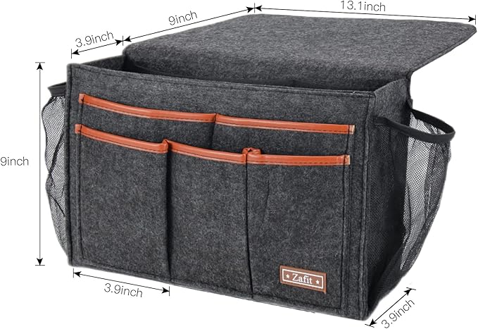 Bedside Caddy, Large Size Bedside Storage Organizer Bedside Organizer Caddy for Magazine Remotes Phone (13.4'' x 18.1'' Plus Size, Dark Grey)