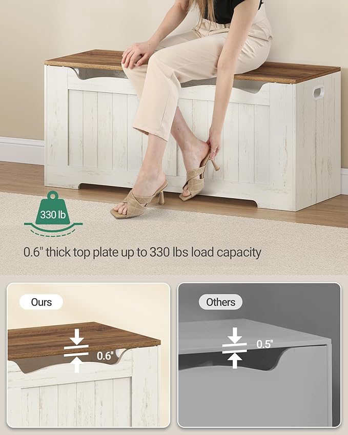 Hzuaneri 43.3" Storage Chest, Extra Large Storage Bench Trunk with 2 Hinges, Wooden Box, Lift-Top Chest Organizer, Shoe Bench for Entryway, Bedroom, Living Room, White and Brown SB25514X