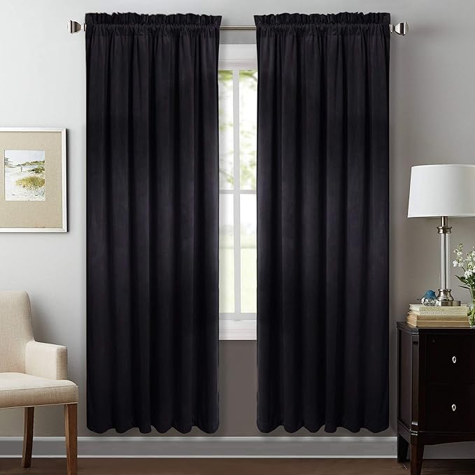 StangH Velvet Curtains 72 inches Long Interior Black Blackout Drapes Noise Absorbing Privacy Protect Insulated Panels for Home Theater, Black, W52 x L72 inches, 2 Panels