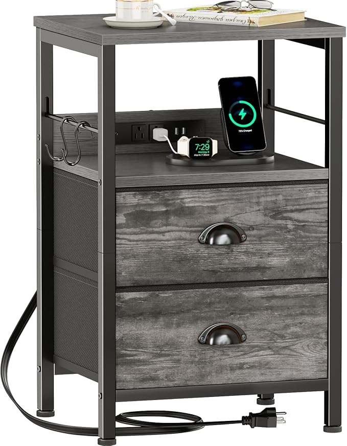 Furologee Nightstand with Charging Station, Night Stand with 2 Fabric Drawers, Side Table with USB Ports, End Table with Storage Shelf, for Living Room/Bedroom, Grey