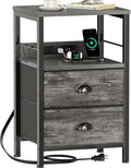 Furologee Nightstand with Charging Station, Night Stand with 2 Fabric Drawers, Side Table with USB Ports, End Table with Storage Shelf, for Living Room/Bedroom, Grey