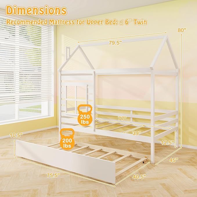 Giantex Twin House Bed with Trundle Bed Twin, Wooden Twin Bed Frames with Roof, Chimney & Window, Montessori House Bed with Safety Guardrails, House Trundle Bed for Kids, Boys, Girls, Teens (White)