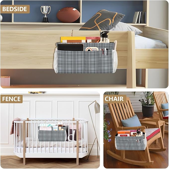 Bedside Caddy Hanging Bunk Bed Caddy Bed Organizer Hanging Pocket with 2 Hooks Bedside Storage Organizer Pocket Bag Holder Grey Plaid