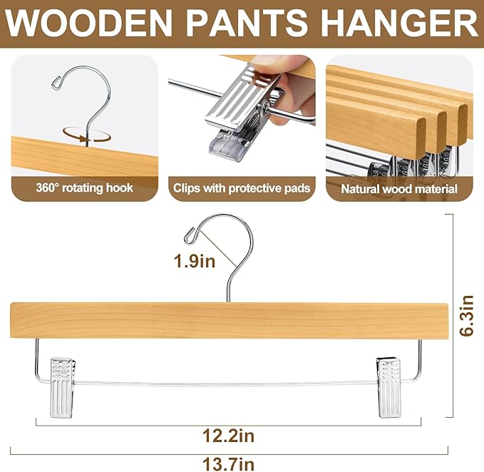 BAGAIL 10 Pack Wooden Pants Hangers with Adjustable Clips, 360°Swivel Hook Space Saving Skirt Holders with Anti-Rust Clips for Trousers, Jeans, Shorts (Natural)