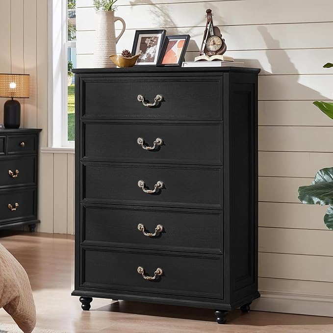 24" Wide Farmhouse Nightstand with Charging Station Set of 2, 45" Tall Rustic Chests of 5 Drawers w/ 4 Solid Wood Feet, Farmhouse Furniture Series for Living Room,Bedroom,Black