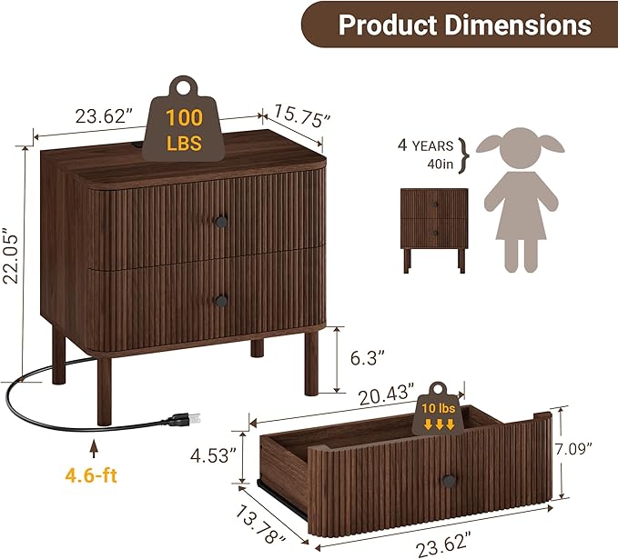 Night Stand with Charging Station, 24" Large Fluted Nightstand with Rounded Corners & Solid Wood Legs, 2 Drawers End Table with Storage, Mid Century Modern Bedside Table for Bedroom, Walnut