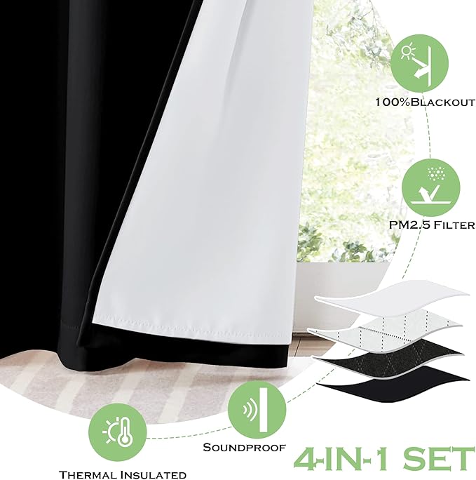 KGORGE Anti Dust Soundproof 100% Blackout Curtains 4 Layers Heavy Duty Energy Efficiency Window Curtains for Living Room Baby Bedroom Home Office Studio, Wide 52 x Long 95 inches, Black, 2 Panels