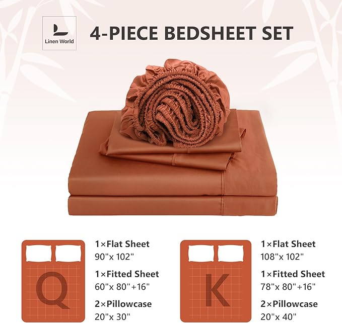 Linen World Queen Size 400TC Cooling Bed Sheet Set - 100% Organically Grown Viscose Sheets, Silky Soft & Breathable, Deep Pocket Fits Up to 16", 4-Piece Sheets with Pillowcases,Caremel