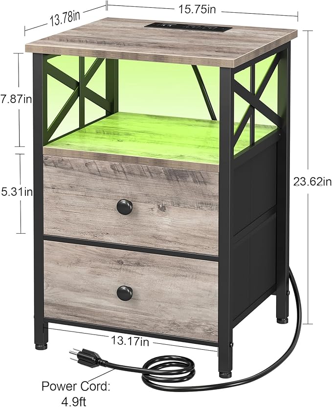 AMHANCIBLE Night Stand Set 2, LED Nightstand with Charging Station, End Tables Living Room with Fabric Drawers, Bed Side Table for Bedroom, Greige, HET052LGY