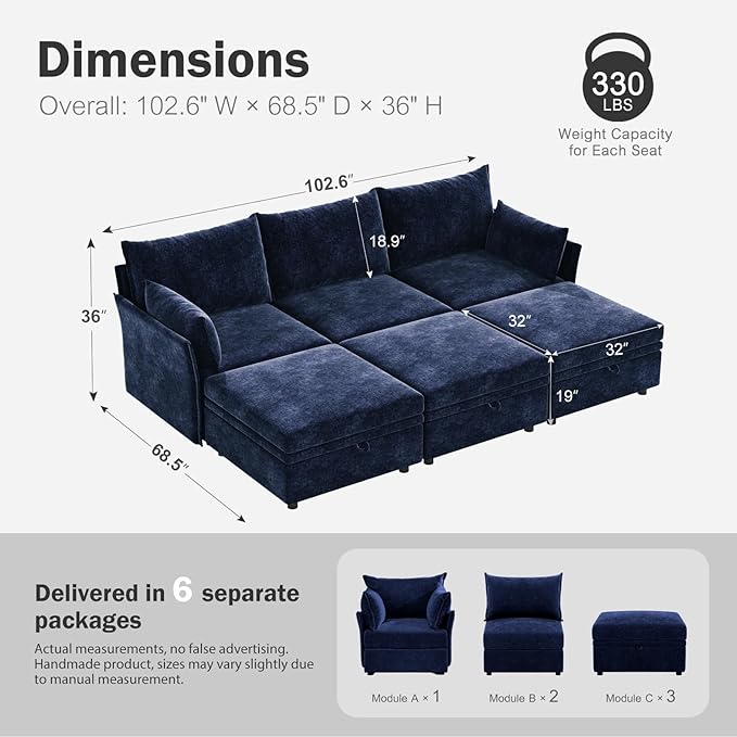 ABCASA 102.6" Luxury Modular Sleeper Sofa Bed 6 Seat Reversible Sectional Couch Deep Seat with Storage Chaises Removable Cover for Living Room, Apartment - Chenille Blue