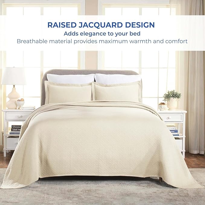 Superior 100% Cotton Basket Weave Bedspread with Shams, All-Season Premium Cotton Matelasse Jacquard Bedding, Quilted-Look Geometric Basket, Full, Ivory