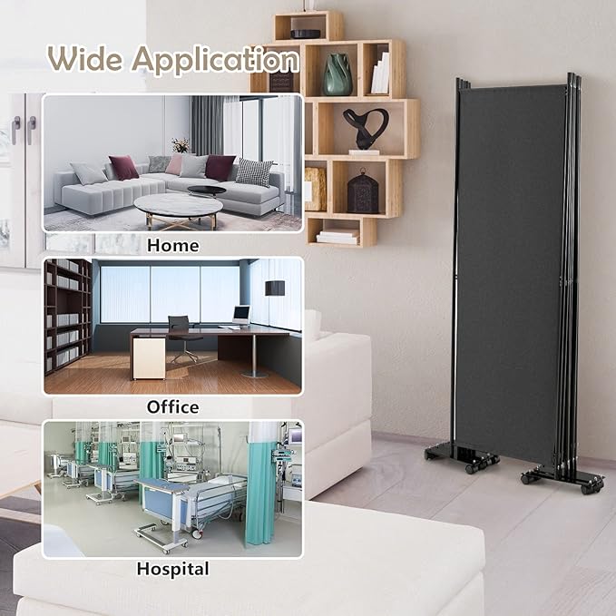 GOFLAME 6 Panel Folding Room Divider, 6FT Rolling Privacy Screen with Lockable Wheels, Portable Room Partition Screen, Freestanding Wall Divider and Separator for Home Office, Grey