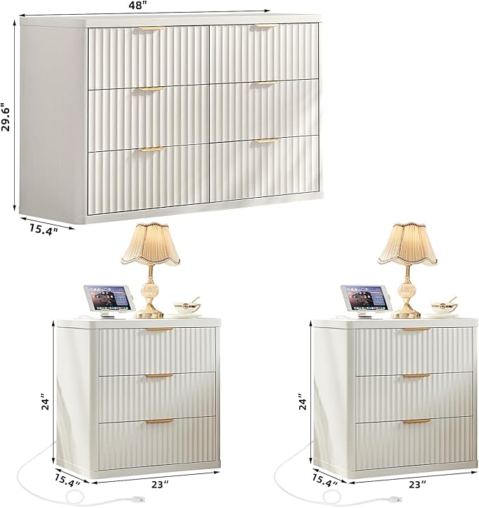 LEYAOYAO 48" Wide Fluted Dresser and 3 Drawers 23" Nightstand Set of 2,Wooden Dresser & Night Stand with Charging Station, 3 Piece Bedroom Furniture Set,Chest of Drawer for Living Room,Antique White