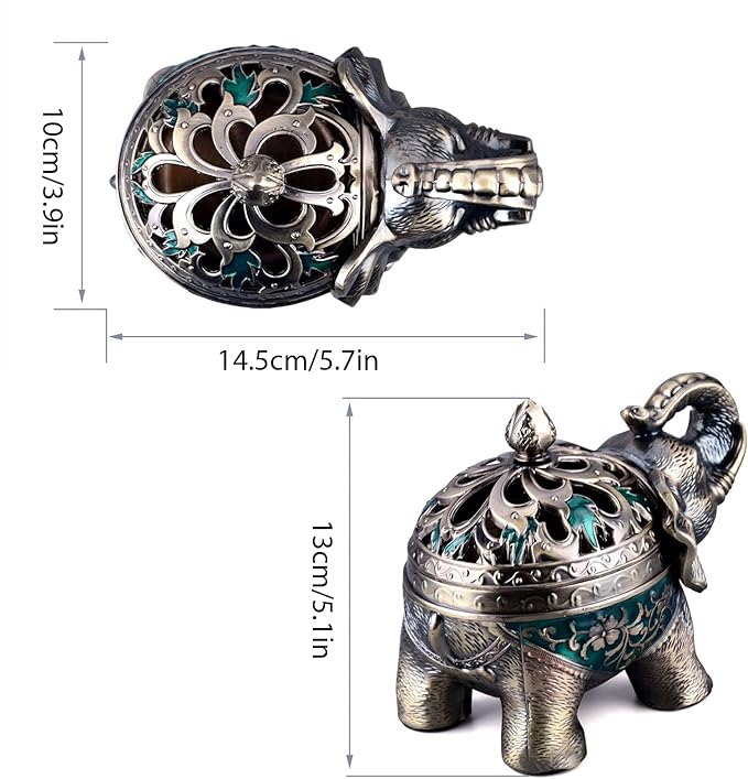 K COOL Metal Backflow Incense Holder Elephant Cone Incense Burner Candle Holder with Lid, Aromatherapy Ornament Home Office Decoration for Indoor Outdoor (Green)