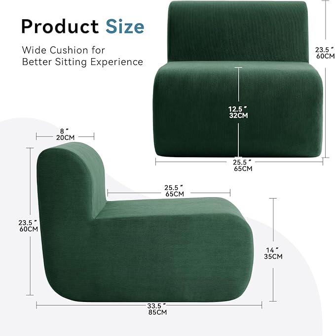 Single Boneless Chairs,Fireside Beanbag Chair Upholstered Cloud Sofa Chair,Corduroy Floor Couch Boneless Couch for Living Room,Memory Foam Lounge Chair for Bedroom,Deep Green